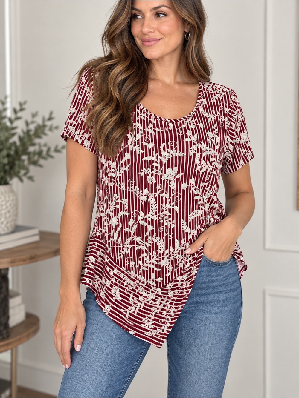 Sami & Jo Plus 1X Burgundy Floral Striped Asymmetrical Tunic Top